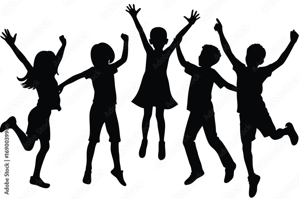 Fototapeta premium Energetic Children's Silhouette Joyful Group Jumping and Celebrating Together in Monochrome Simplicity