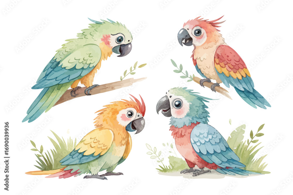 Obraz premium set of cute Watercolor exotic parrot birds
