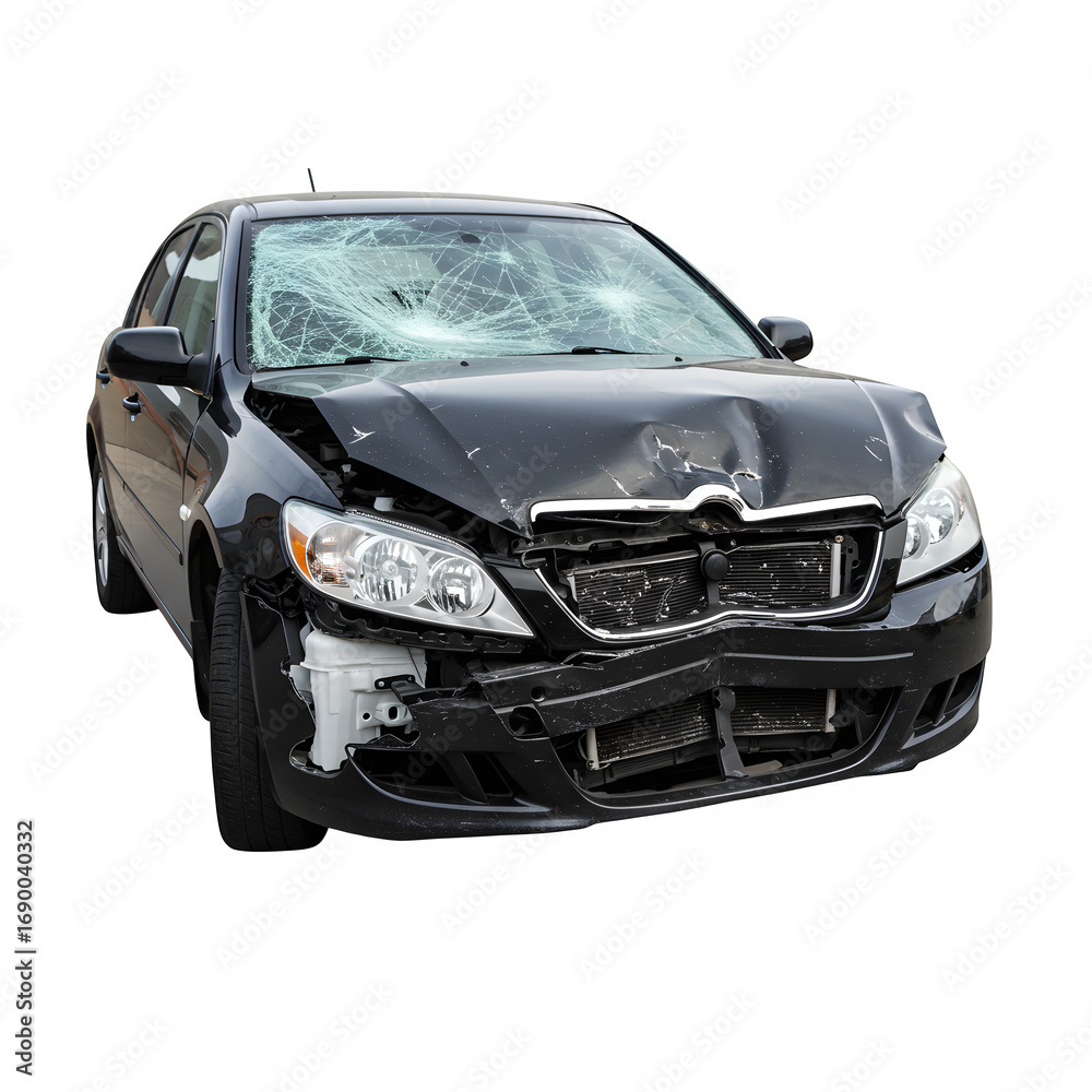 Naklejka premium The front side of a crashed car, isolated on white or transparent background. PNG, serving as a powerful symbol of vehicle accident and damage