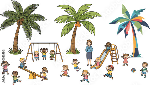 Children playing in playground, kids on swing, seesaw, slide, teacher watching, palm trees background, outdoor activity, summer fun, park recreation illustration