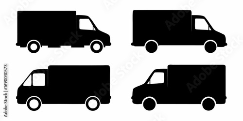 Four black silhouette delivery trucks with different body styles on a white background are displayed here | editable eps vectors