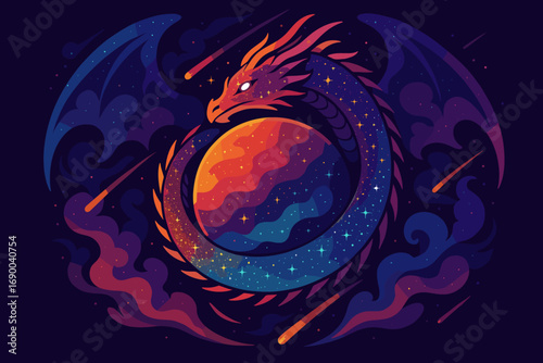 Cosmic Ouroboros Dragon Embracing a Celestial Planet in a Swirl of Stars and Meteors