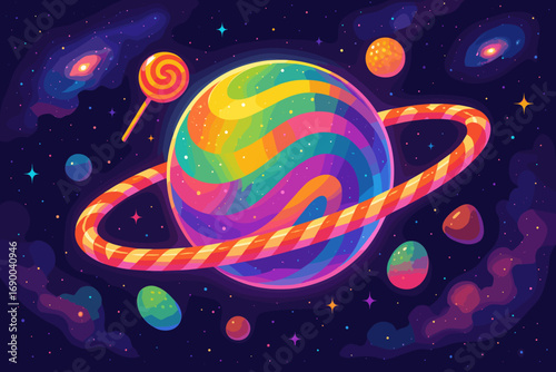 Whimsical Candy Planet with a Lollipop Moon and Gummy Asteroids Floating in a Starry Galaxy
