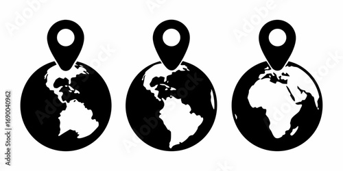 Three globes with location pins showing different continents in a simple black and white illustration | editable eps vectors silhouette