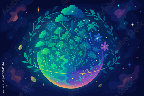 Vibrant planet with lush ecosystem and stars a colorful illustration of nature and space