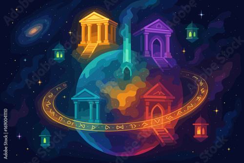 Surreal cosmic planet with floating ancient structures and luminous lanterns orbiting a vibrant celestial body