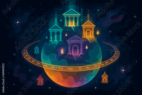 Vector illustration of a magical cosmic world with ancient architectural temples, a celestial fantasy planet floating in space
