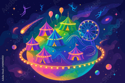 Vibrant Cosmic Carnival on a Whimsical Planet A Dreamlike Vector Illustration of a Fantasy Fair with Tents, Rides, and Starlight Entertainment