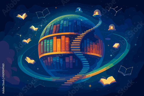 A captivating illustrative journey to a celestial library planet, an imaginative sphere of knowledge and wisdom floating amidst a starry, cosmic expanse