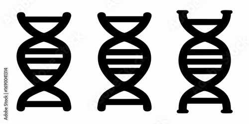 Three black dna helix structures displayed side by side with a white background in a simple graphic design | editable eps vectors silhouette