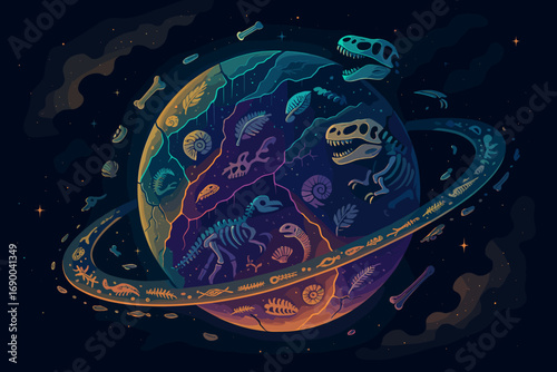 Fossil Planet A Whimsical Vector Illustration of Earth's Ancient Past