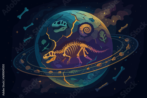 Illustrative View of a Mysterious Ringed Planet Revealing Ancient Dinosaur Skeletons and Fossilized Life, a Cosmic Journey Through Paleontological History
