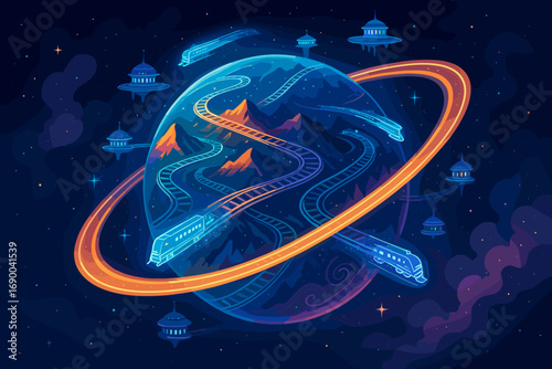 Futuristic Planet with Interconnected Train Tracks and Orbital Rings, Showcasing Global Travel and Advanced Transportation in a Starry Cosmos