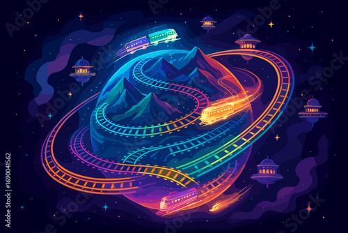 Whimsical Celestial Train Journey Encircling a Fantastical Planet with Glowing Tracks and Futuristic Stations