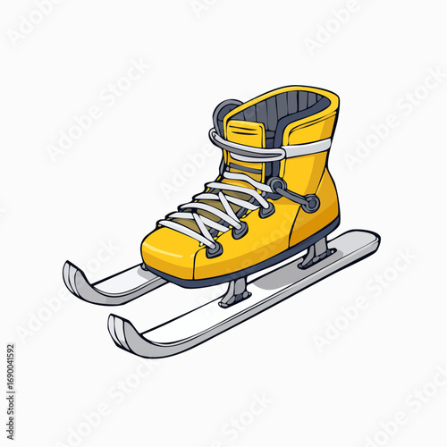 A vibrant yellow ski boot with attached skis, depicted in a classic cartoon illustration style, isolated on a clean white background