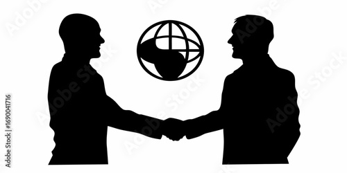 Silhouette of two people shaking hands with a globe symbol in the background in black and white | editable eps vectors