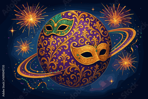 Colorful illustration of a planet with masquerade masks, fireworks, and festive decorations