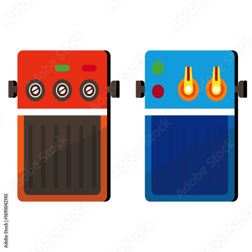 Retro-style guitar pedals in orange and blue, designed for musicians and sound creators.