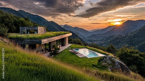 Scenic hillside home with green roof and pool overlooking a mountain sunset