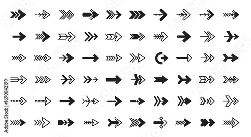 A comprehensive collection of black arrow icons and symbols in various styles and directions, isolated on a white background, suitable for web design and user interfaces.