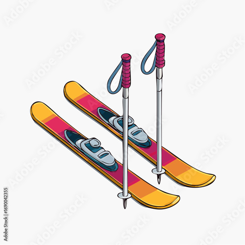 Colorful ski equipment set featuring yellow and pink skis with bindings and poles, isolated 3D isometric vector illustration for winter sports concepts