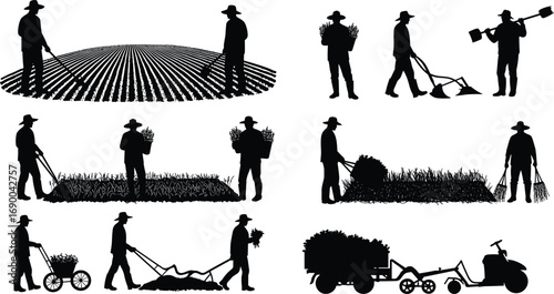 Farmer silhouette, agriculture worker, crop harvesting, rural farming, planting field, tractor cart, countryside labor, plowing land, food production, village lifestyle
