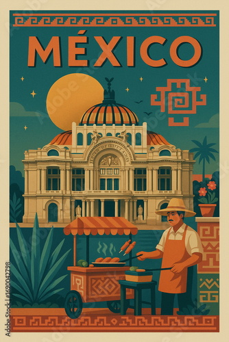 Stylized vintage illustration of Mexico, flat travel poster with iconic landmarks, warm sunset palette, minimal shapes and textures, retro graphic style, perfect for wall art, decor, prints.
