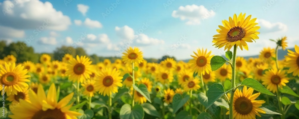 Fototapeta premium A whimsical field of sunflowers playfully tilted, some missing petals, creating a comical, slightly chaotic scene Perfect for quirky, lighthearted projects , amusing, humorous scene