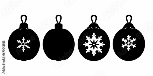 Four christmas ornaments in black and white with snowflake designs in a horizontal arrangement | editable eps vectors silhouette