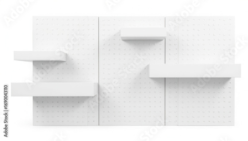 Modern white shelving units with pegboard design for display  