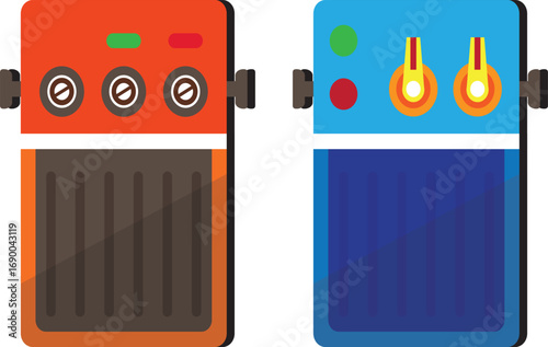 A close-up of two colorful guitar effect pedals with glowing knobs and switches.