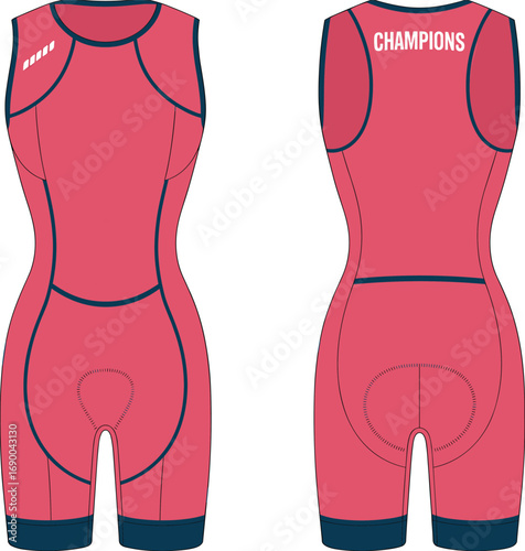 Triathlon suit cad drawing, cycling skinsuit flat sketch vector, sportswear design template, athletic apparel illustration, performance wear outline, garment technical design
