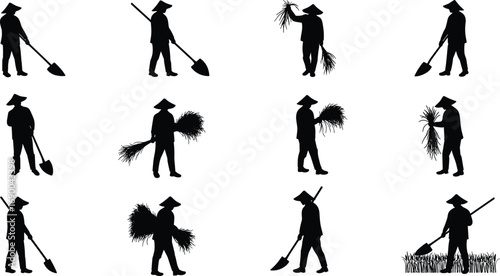 Farmer silhouette, rural agriculture worker, rice field labor, farming man with shovel, harvest crop illustration, traditional village worker vector, farm lifestyle
