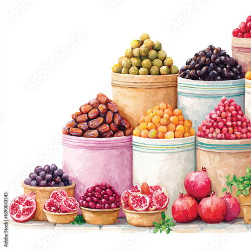 Watercolor Illustration of Various Fruits and Grains in Baskets and Bowls