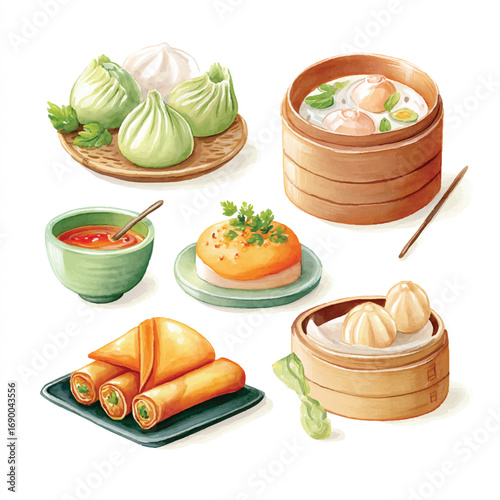 Watercolor Illustration of Various Dim Sum Dishes and Sauces Ready to Eat
