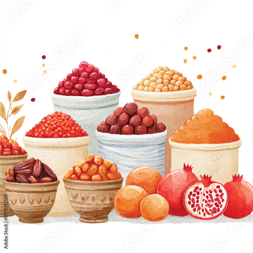 Watercolor Illustration of Various Fruits and Spices in Bowls and Sacks