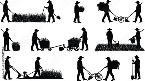 Farmer silhouette, agriculture worker, rural farming, crop harvesting, planting seeds, plowing field, carrying basket, countryside labor, farming tools, village lifestyle