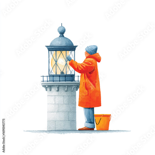 Watercolor lighthouse keeper in orange coat tending to the light