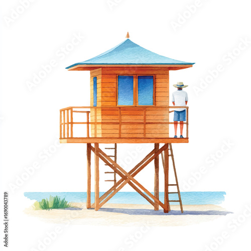Watercolor Lifeguard Tower with a Person Standing on the Balcony Beach Scene