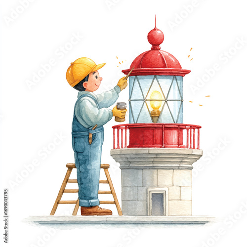 Watercolor Lighthouse Maintenance Man in Overalls Painting a RedTopped Beacon