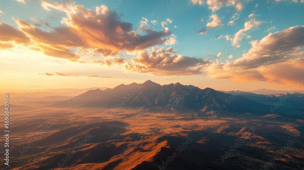 Fototapeta premium A view of a mountain range with a sunset
