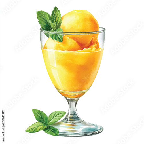 Watercolor Mango Sorbet in Glass with Mint Leaves Garnish Refreshing Dessert