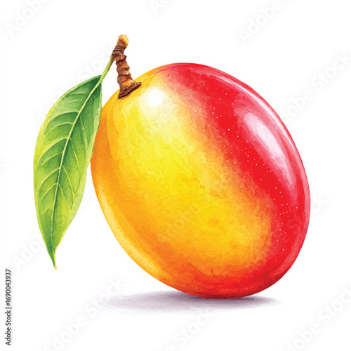 Watercolor Mango with Stem and Leaf Vibrant Red and Yellow Hues