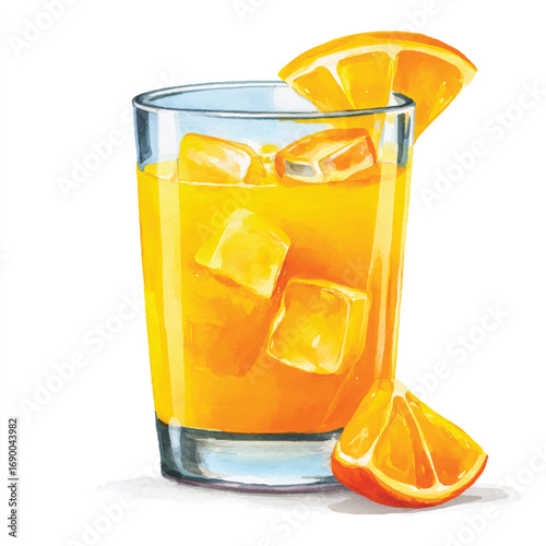 Watercolor Orange Juice with Ice Cubes and Orange Slices Illustration