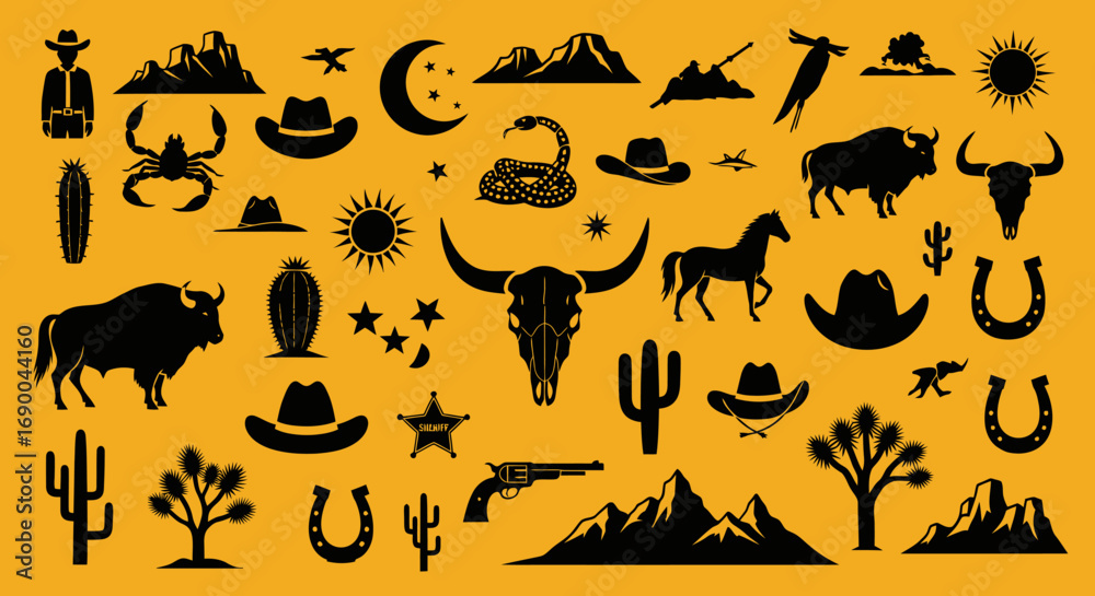 Naklejka premium Silhouette Vintage Western Desert Elements Cowboy Culture and Tradition Illustration