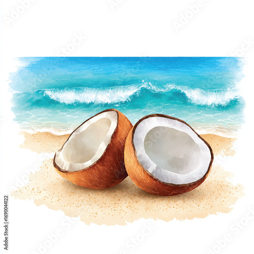 Watercolor Illustration of Two Halved Coconuts on Sandy Beach with Ocean Waves