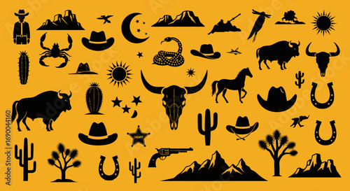 Silhouette Vintage Western Desert Elements Cowboy Culture and Tradition Illustration