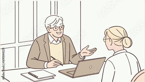 Business meeting consultation discussion interview two people laptop office workspace professional teamwork collaboration communication conversation explanation presentation advisor client mentor gui.