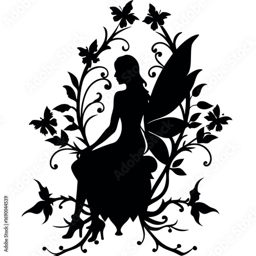 Silhouette of a fairy sitting on a throne surrounded by flowers, isolated on white background, in a whimsical design