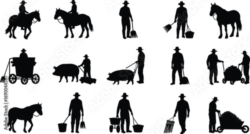 Farmer silhouettes, horse, pig, wheelbarrow, farm tools, agriculture work, farmer with animals, countryside farming, rural lifestyle, farm labor illustration